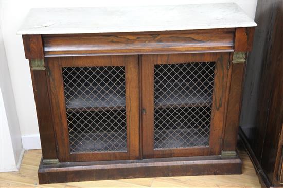 A Regency mahogany marble top side cabinet, W.3ft 6in.